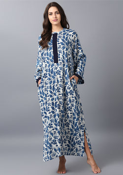 Ivory Indigo Cotton Night Dress Long Sleeves and Zip Detail - unidra.myshopify.com
