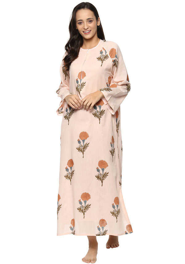 Peach Pink Flower Motif Hand Block Printed Night Dress with Long Sleeves and Zip Detail - unidra.myshopify.com