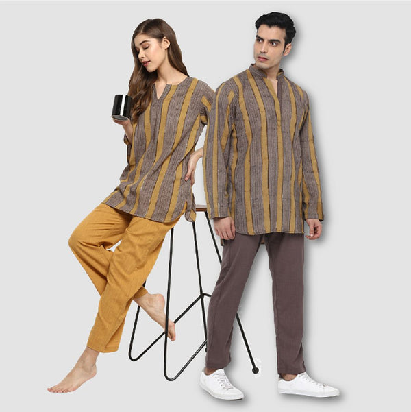 Couple's Wear - Grey Yellow Stripe Hand Block Printed Cotton Loungewear for "HIM & HER" - unidra.myshopify.com
