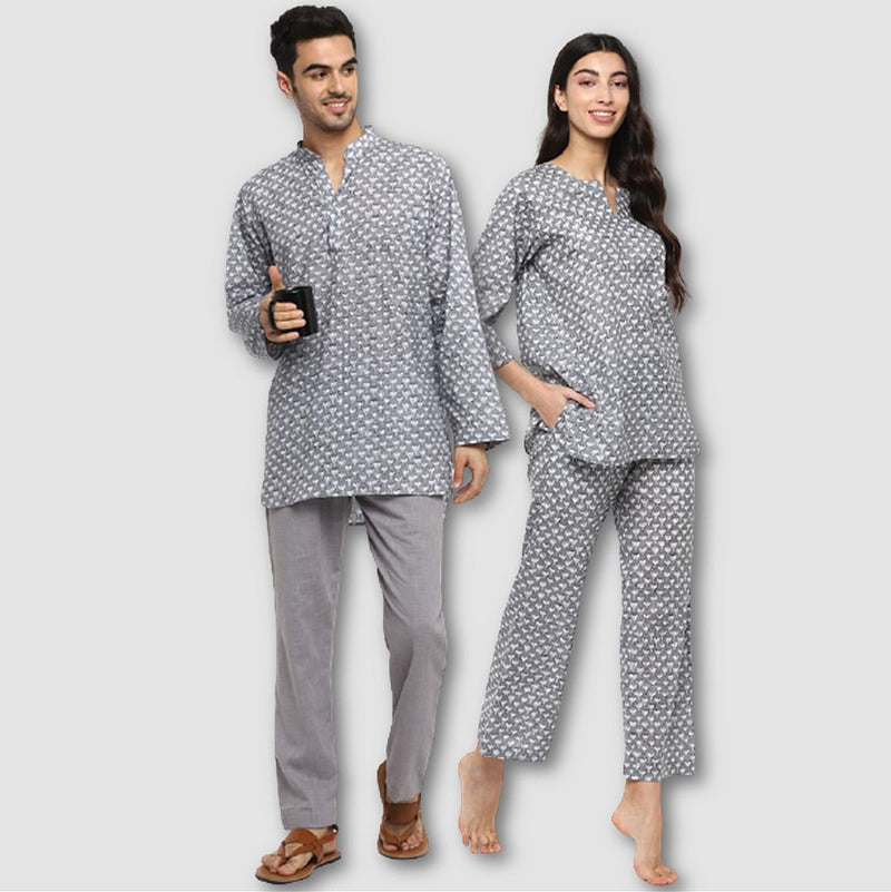Couple's Wear - Grey Ivory Hand Block Printed Cotton Loungewear for "HIM & HER" - unidra.myshopify.com