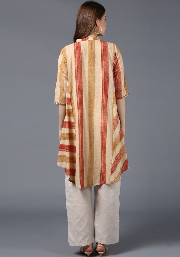 Beige with Brushed Rust and Mustard Stripe Asymmetric Cotton Tunic - unidra.myshopify.com