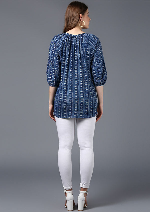 Indigo Ivory Hand Block Printed Short Cotton Tunic with Raglan Sleeves - unidra.myshopify.com