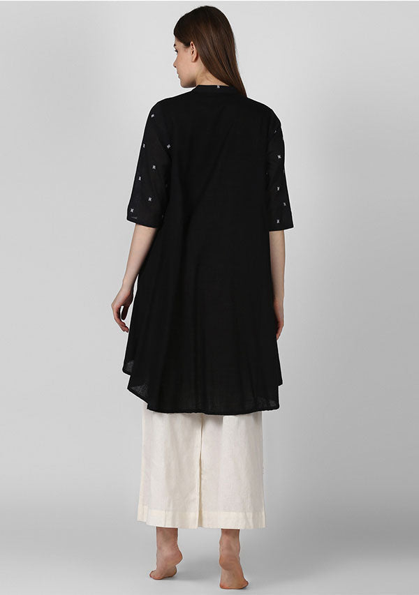 Black Asymmetric Cotton Tunic with White Booti - unidra.myshopify.com