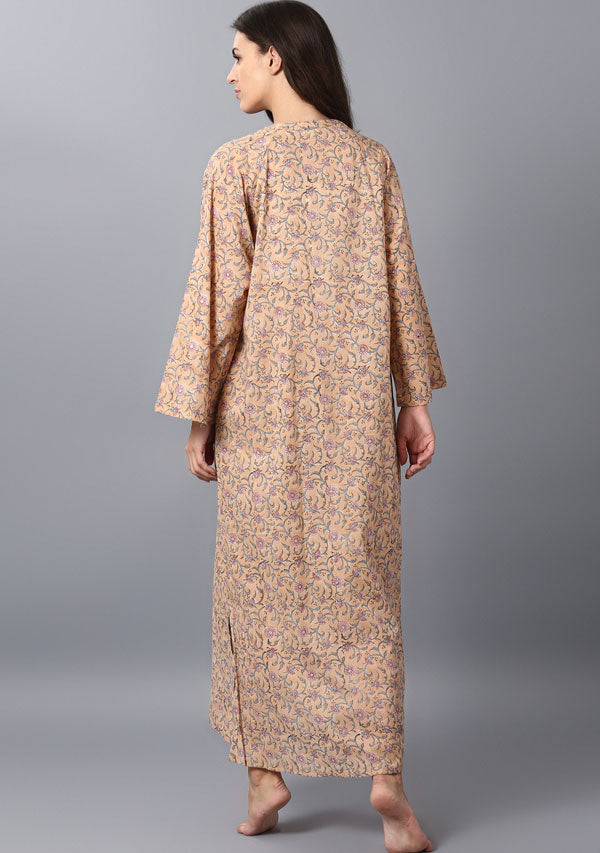 Peach Floral Cotton Night Dress Long Sleeves and Zip Detail - unidra.myshopify.com