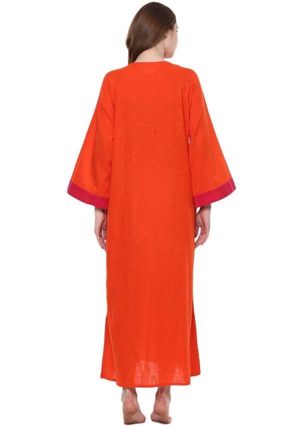 Orange Fuchsia Bell Sleeves Cotton Night DressLong Sleeves and Zip Detail - unidra.myshopify.com