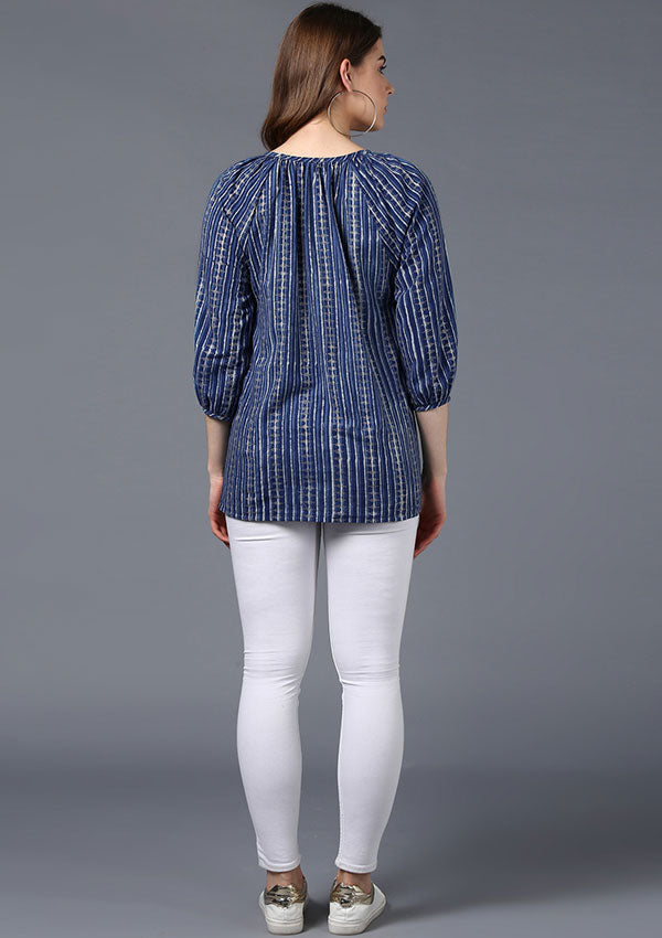 Indigo Silver Hand Block Printed Short Cotton Tunic with Raglan Sleeves - unidra.myshopify.com
