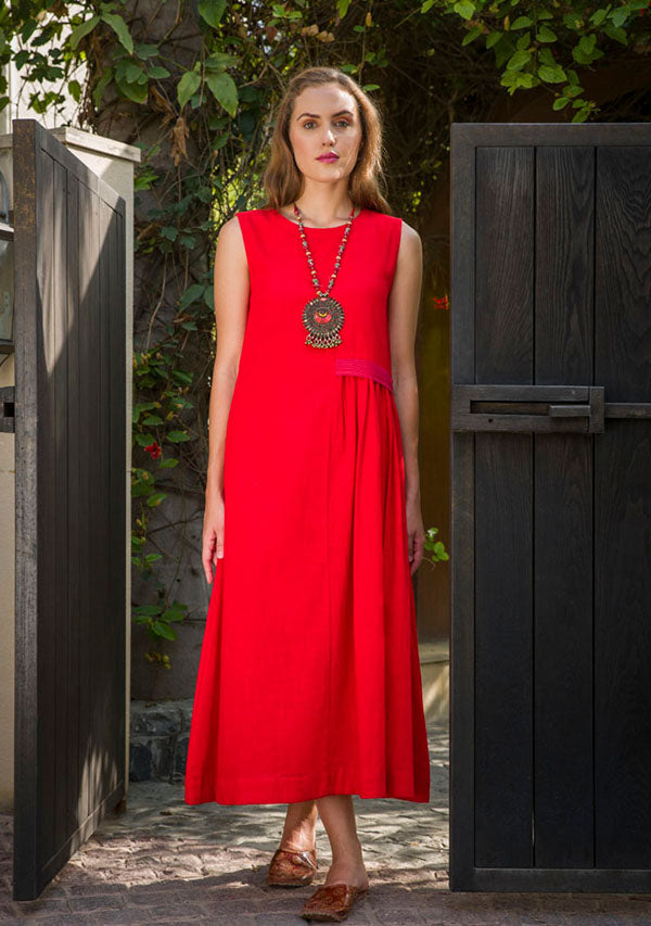 Red Sleeveless Cotton Dress with Gathers - unidra.myshopify.com