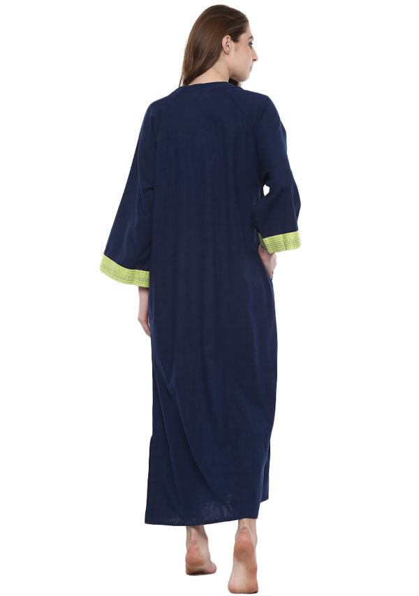 Navy Blue Green Bell Sleeves Cotton Night Dress Long Sleeves and Zip Detail - unidra.myshopify.com