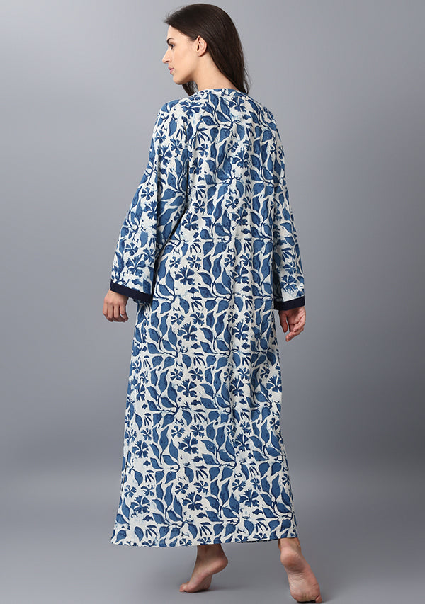 Ivory Indigo Cotton Night Dress Long Sleeves and Zip Detail - unidra.myshopify.com
