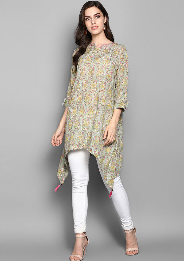 Green Pink Asymmetric Cotton Tunic with Side Tails and Tassels - unidra.myshopify.com