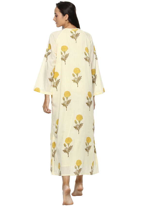 Lemon Yellow Hand Block Printed Night Dress Long Sleeves and Zip Detail - unidra.myshopify.com