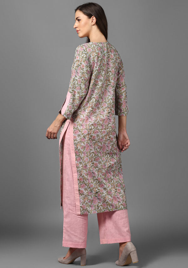 ADAA Pink Blue Hand Block Printed Floral Cotton Kurta with Pants - unidra.myshopify.com