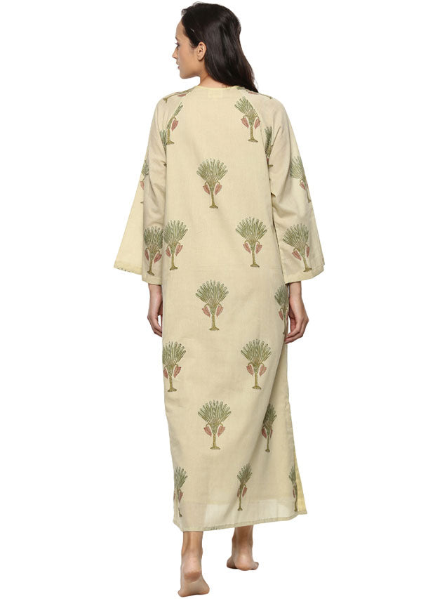 Khaki Green Flower Motif Hand Block Printed Night Dress Long Sleeves and Zip Detail - unidra.myshopify.com