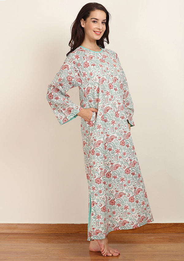 Turquoise Peach Floral Hand Block Printed Cotton Night Dress Long Sleeves and Zip Detail - unidra.myshopify.com