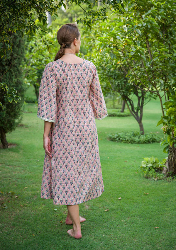 Peach and Olive Flower Hand Block Printed Fit and Flare Cotton Dress - unidra.myshopify.com