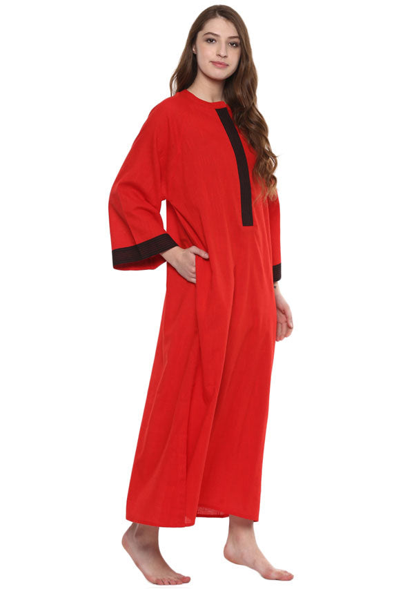 Red Black Bell Sleeves Cotton Night Dress Long Sleeves and Zip Detail - unidra.myshopify.com
