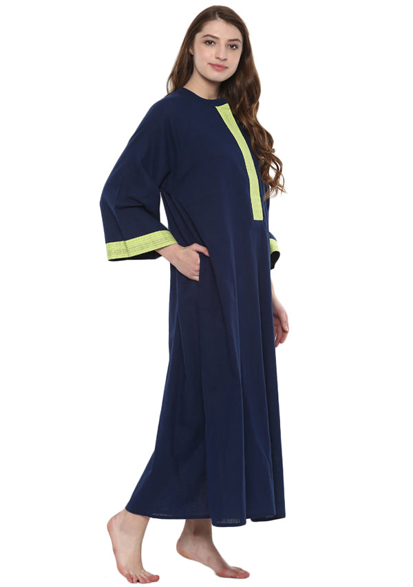 Navy Blue Green Bell Sleeves Cotton Night Dress Long Sleeves and Zip Detail - unidra.myshopify.com
