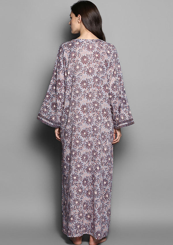 Grey Mauve Flower Motif Hand Block Printed Cotton Night Dress Long Sleeves and Zip Detail - unidra.myshopify.com