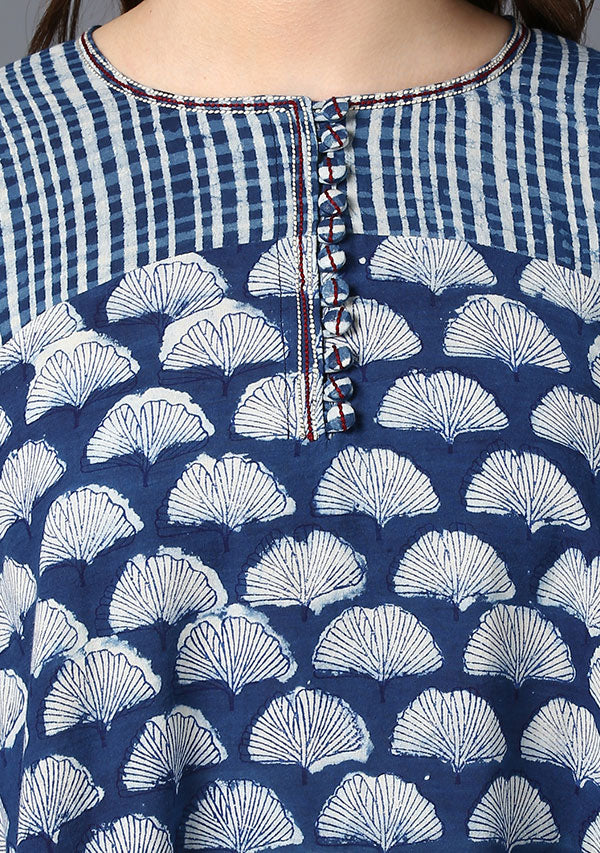 Indigo Ivory Hand Block Printed Cotton Tunic with Yoke and High Low Detail - unidra.myshopify.com