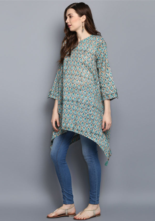 Khakhi Turquoise Floral Hand Block Printed Asymmetric Tunic with Side Tails and Tassels - unidra.myshopify.com
