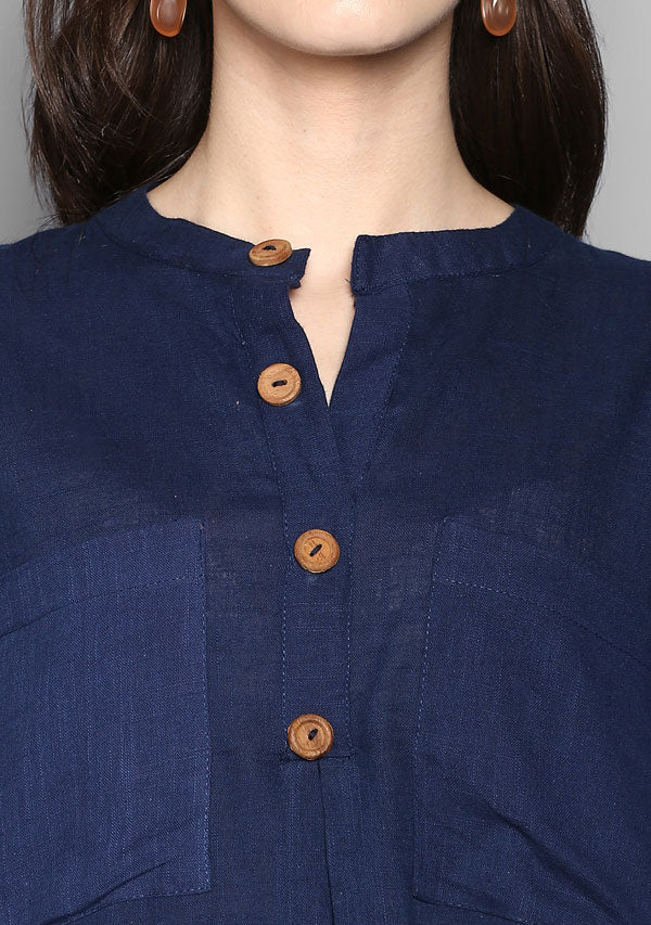 Navy Blue Short Cotton Tunic With Pleats - unidra.myshopify.com
