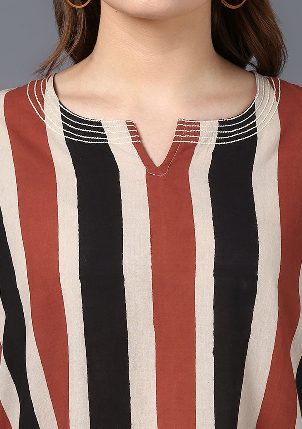 Beige Red Black  Stripe Hand Block Printed Asymmetric Cotton Tunic with Side Tails and Tassels - unidra.myshopify.com