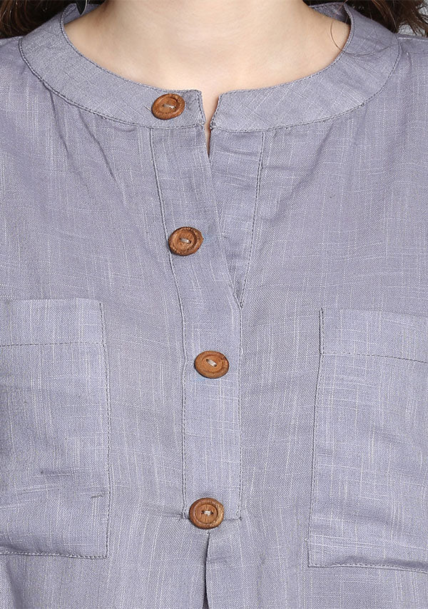 Ash Blue Short Cotton Tunic With Pleats - unidra.myshopify.com
