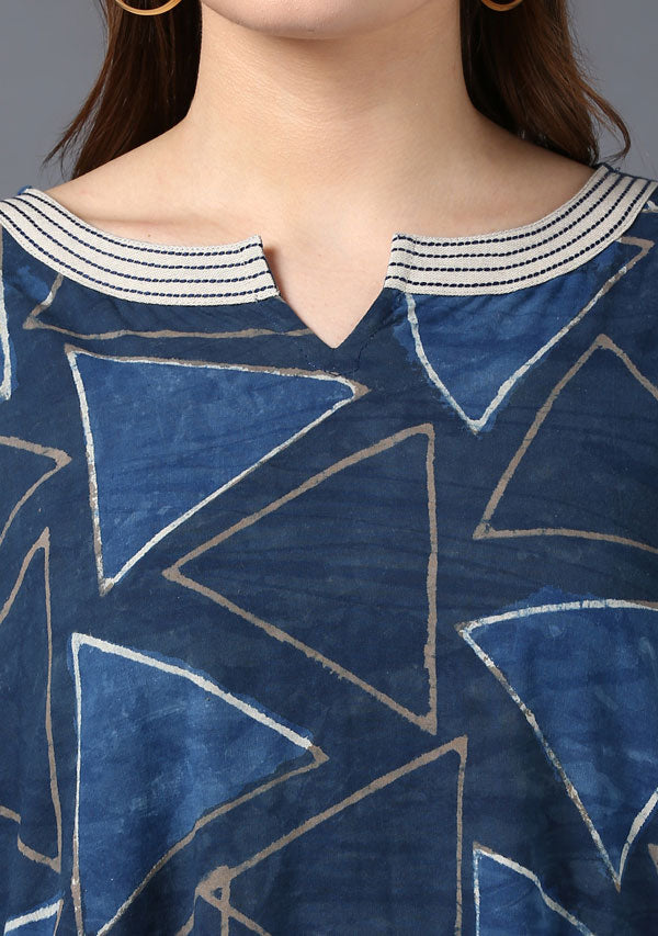 Indigo Beige Hand Block Printed Asymmetric Cotton Tunic with Side Tails and Tassels - unidra.myshopify.com