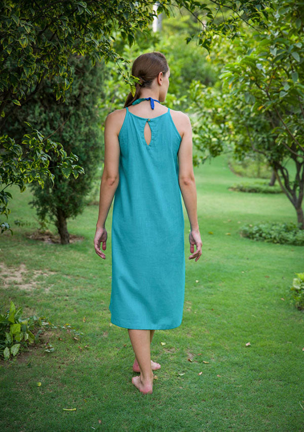 Turquoise Calf Length Cotton Dress with Spaghetti Straps - unidra.myshopify.com